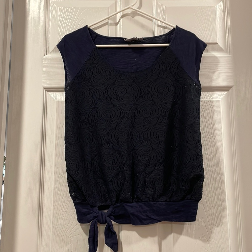 Vanessavirgina from Anthropologie Navy Lace Rose Front with SideKnot tie